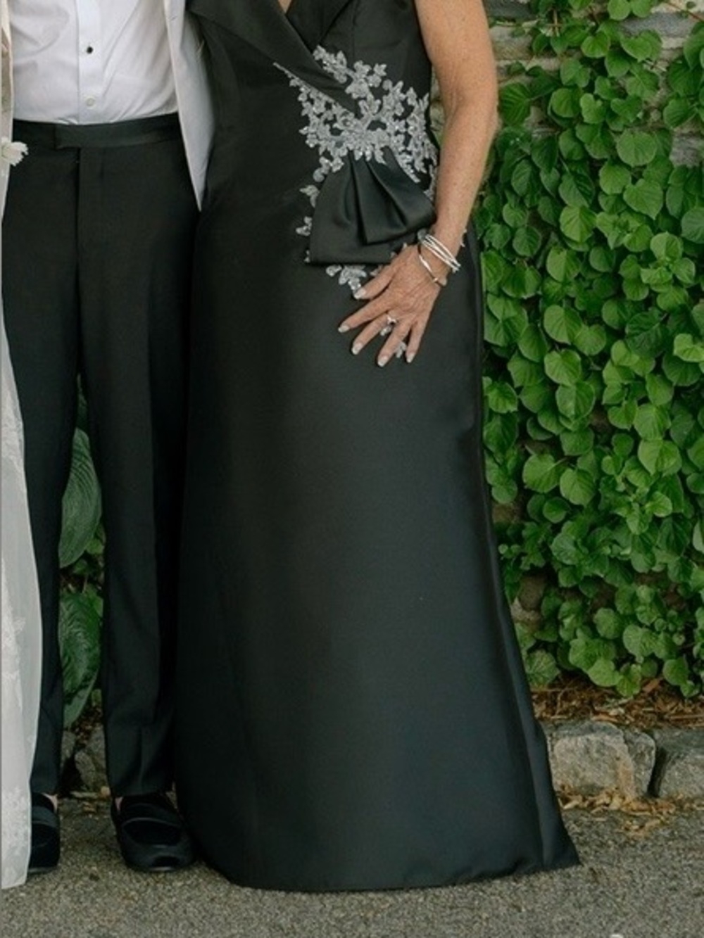 Mon Cheri Black Satin Evening Gown with Silver Embellishment
